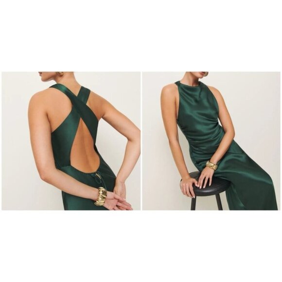 NEW Reformation Anaiis Long Silk Dress Forest Dark Green | US 0 UK 4 - Picture 2 of 15